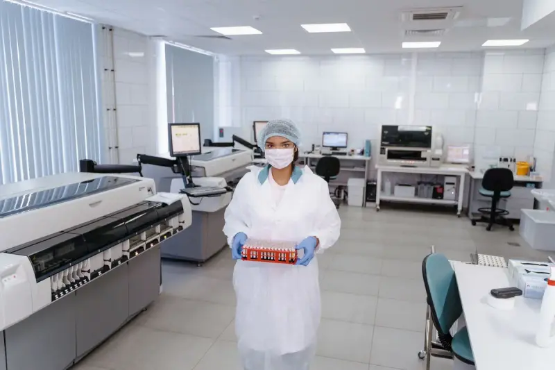 Laboratory scientist in cap, mask and gown holding a rack of sample tubes between analyzers