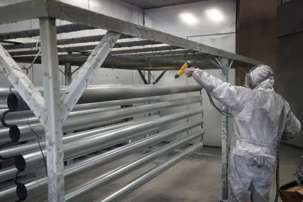 Technician applying powder coating to metal pipes