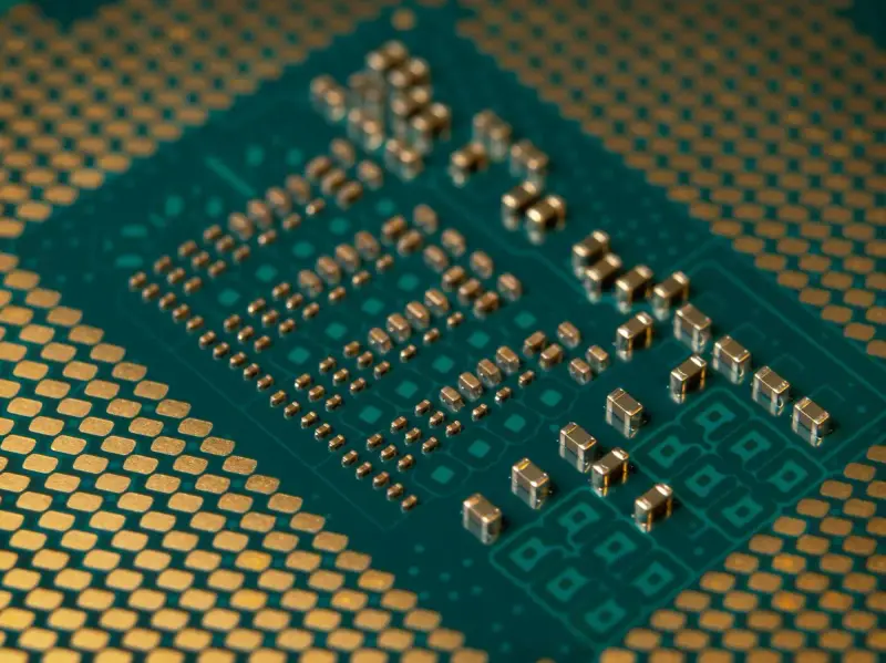 Underside of a chip package showing rows of tiny capacitors and gold contact pads