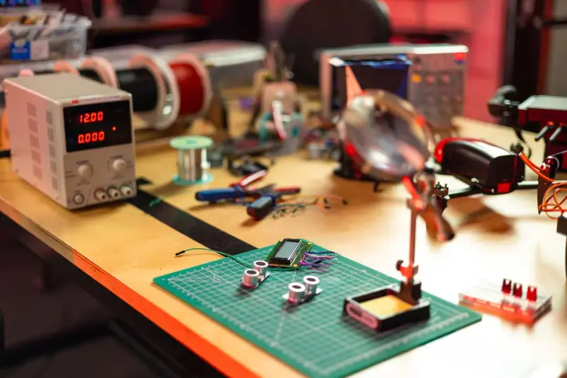 Workbench with a bench power supply, magnifier, solder spools and a small circuit board