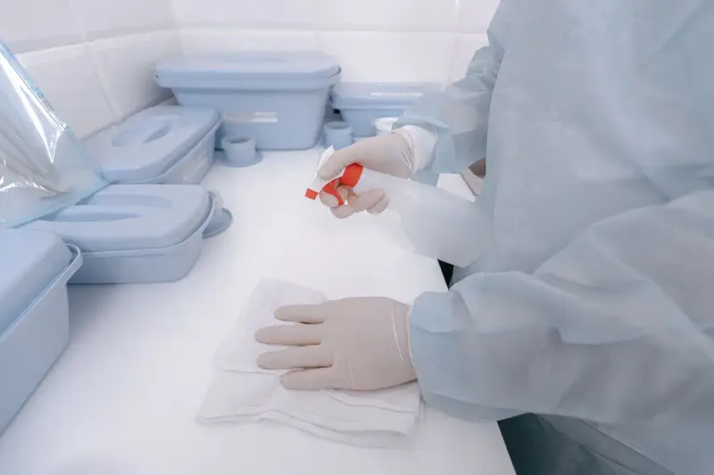 Gloved hands spraying disinfectant onto a cloth beside sterile storage containers