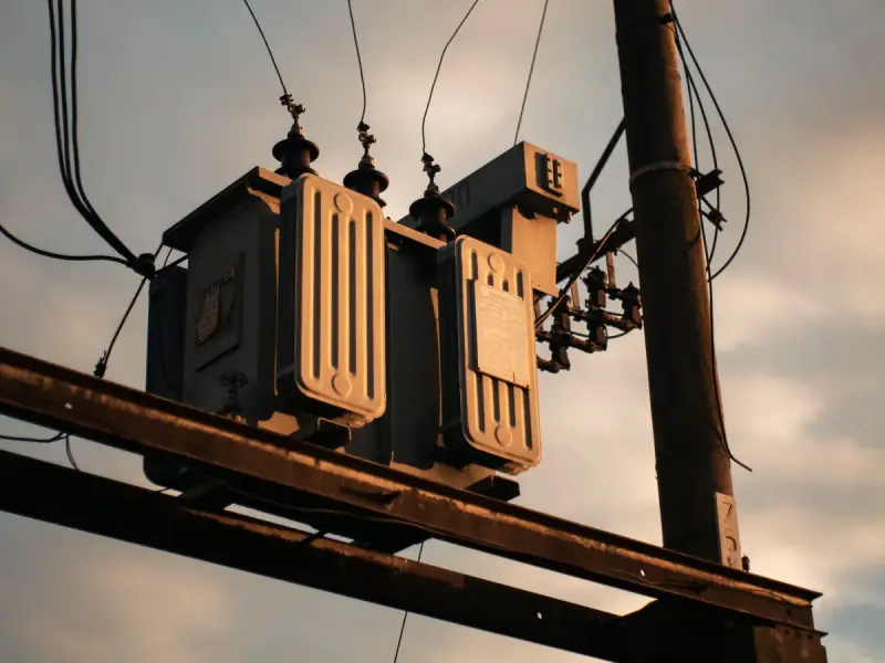 Electrical transformer on a utility pole against a sunset sky