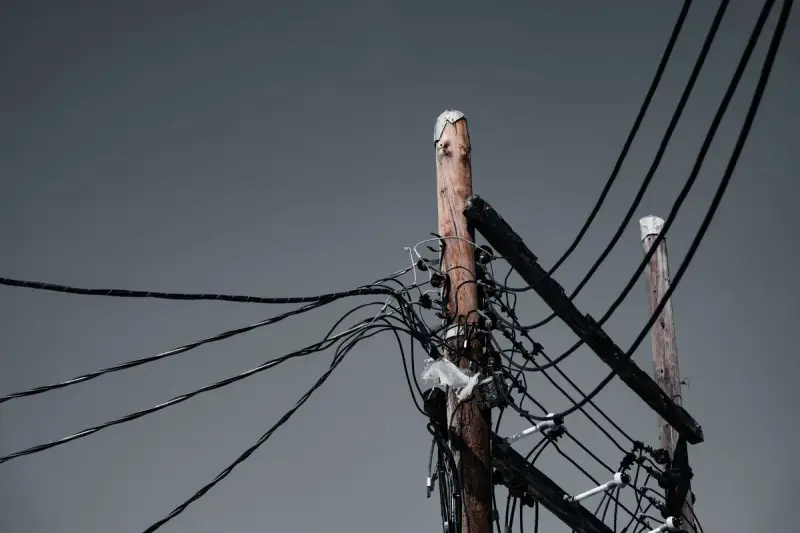 Wooden utility poles and power lines under a gray sky in Orlando, Florida