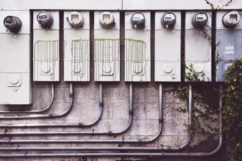 Eight electric meters on a brick wall with vines