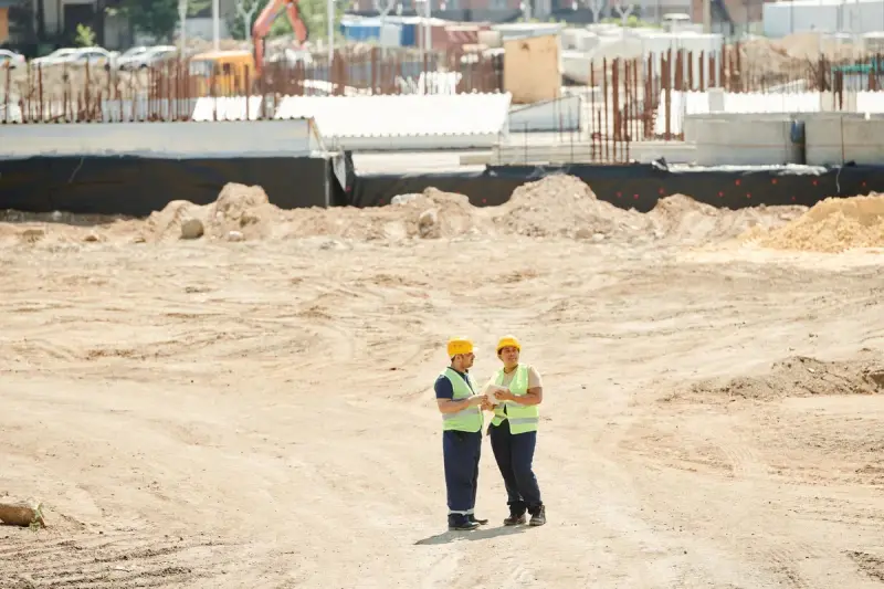 Two workers in hard hats and safety vests reviewing plans on a wide graded construction site