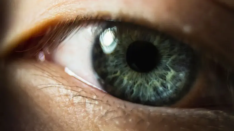 Macro close-up of a human eye showing the green iris and pupil