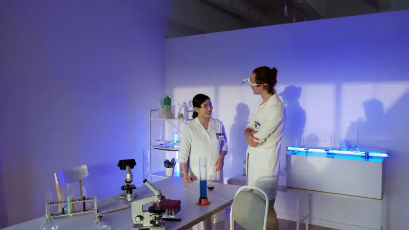 Scientist in a white cap and coat at a microscope beside stacks of culture plates