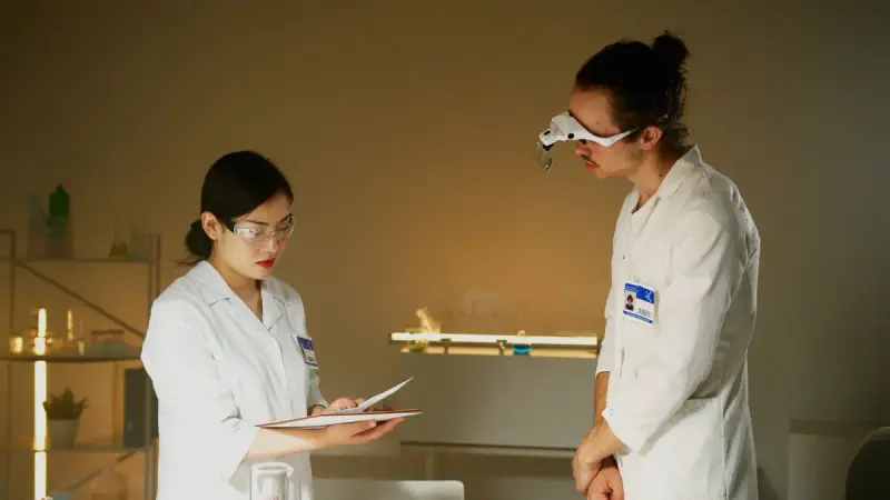 Two scientists in lab coats working together in a modern laboratory