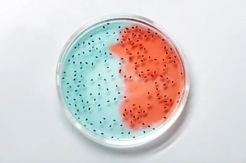 Petri dish divided between blue and red culture media with dark colonies