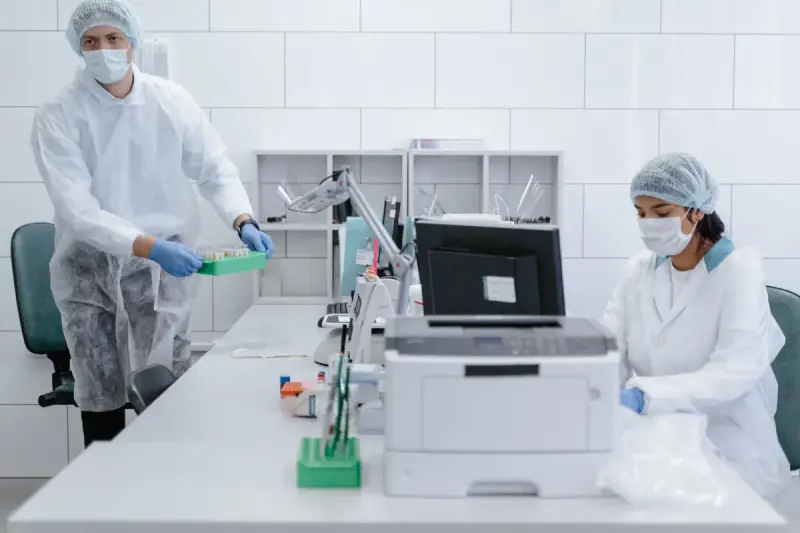 Two technicians in gowns, gloves and hairnets working at a clean white lab bench
