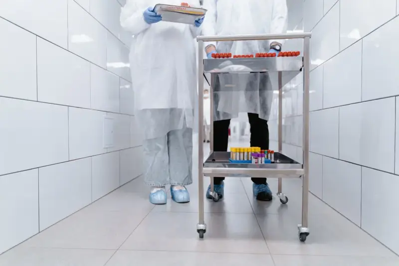 Two gowned staff wheeling a cart of sample tubes through a white tiled corridor