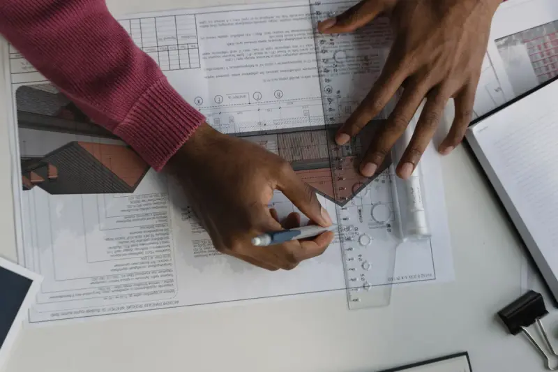 Designer sketching a site layout on blueprints with a ruler at a desk