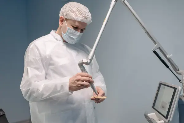 Professional demonstrating an articulated laser device on a sample