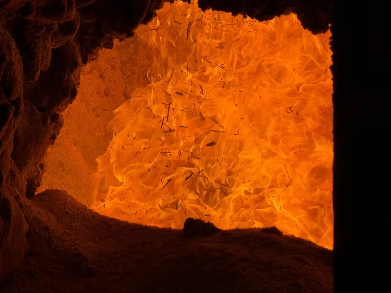 Orange flames filling the open mouth of an industrial furnace