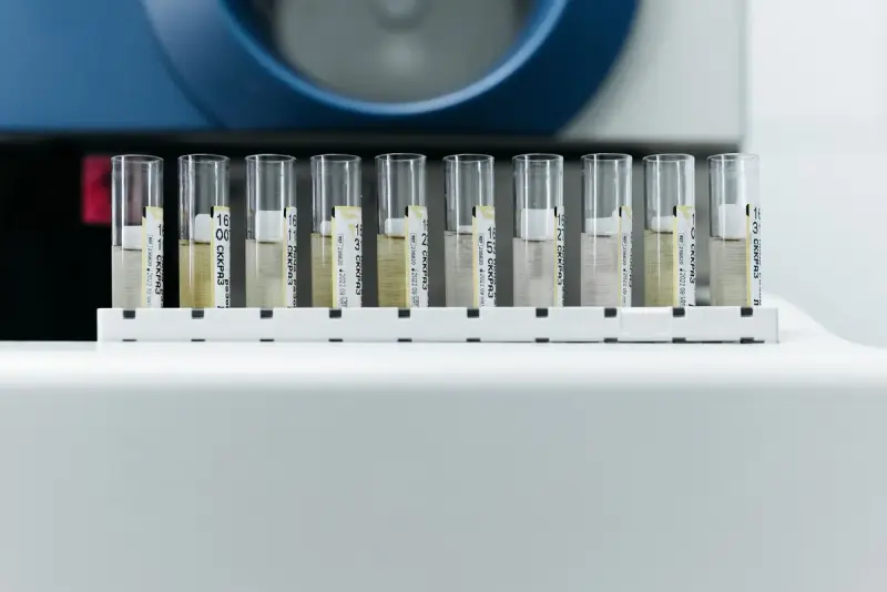 Row of labeled sample tubes in a white rack in front of a laboratory instrument