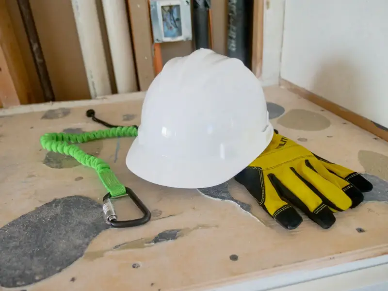 White hard hat, protective gloves and a safety harness on a construction site