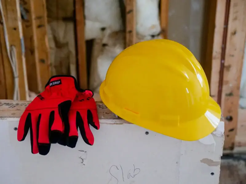 Yellow hard hat and red protective gloves resting on a construction site