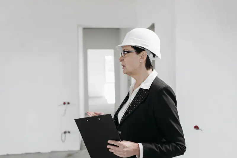 Woman engineer in a helmet inspecting a construction site with a clipboard