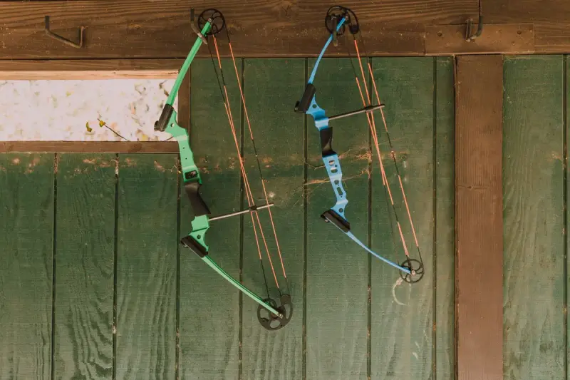 Green and blue compound bows hanging on a rustic wooden wall