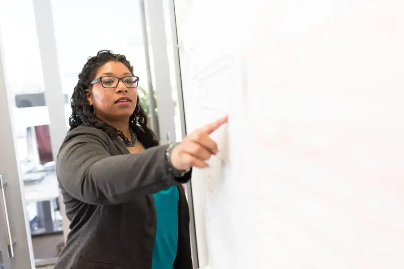 Woman leading a discussion beside an office whiteboard