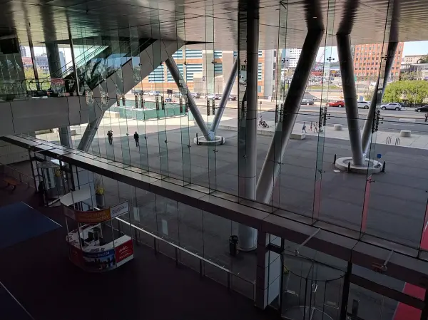 Glass atrium inside Boston’s convention center on Summer Street, now the Thomas M. Menino Convention and Exhibition Center