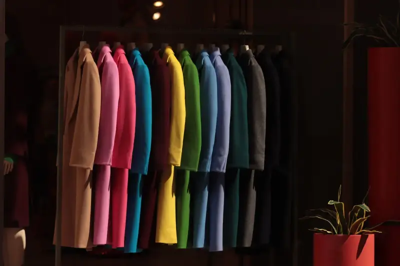 Coats in pink, yellow, green and blue hanging in a row in a dim boutique