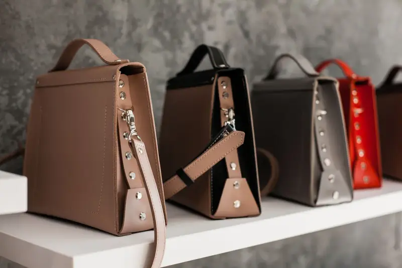 Structured leather handbags in taupe, black and red lined up on a white shelf
