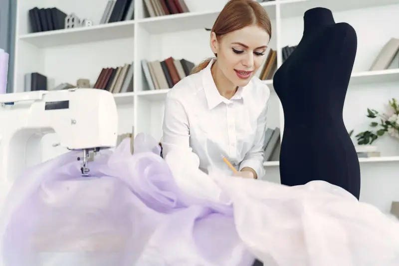 Designer sewing a lilac party dress at a machine beside a black dress form