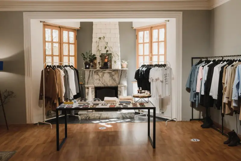 Showroom-style boutique with clothing racks around a table under tall windows