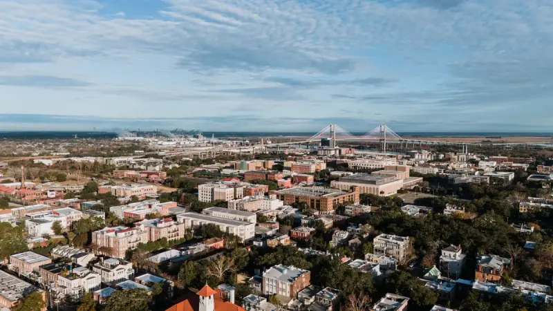 Aerial view of Savannah, Georgia, with the Talmadge Memorial Bridge over the Savannah River
