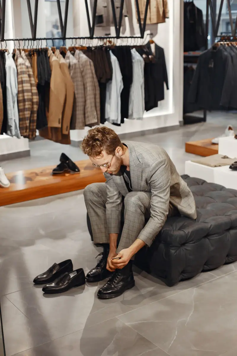 Man in a gray plaid suit lacing black leather boots on a bench in a menswear store