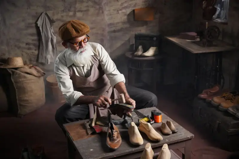 Bearded shoemaker in an apron working at a bench of wooden lasts in a workshop