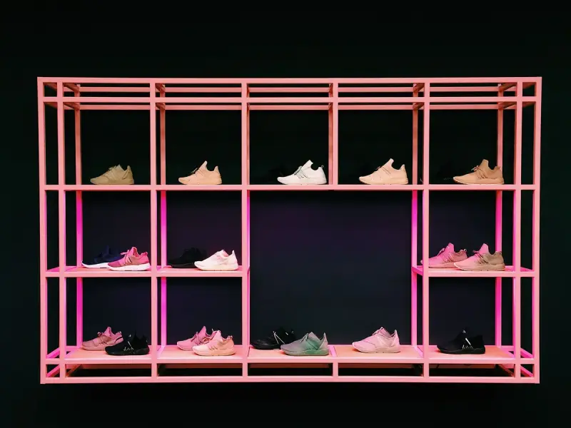 Pink metal shelving unit displaying pairs of sneakers on a dark wall