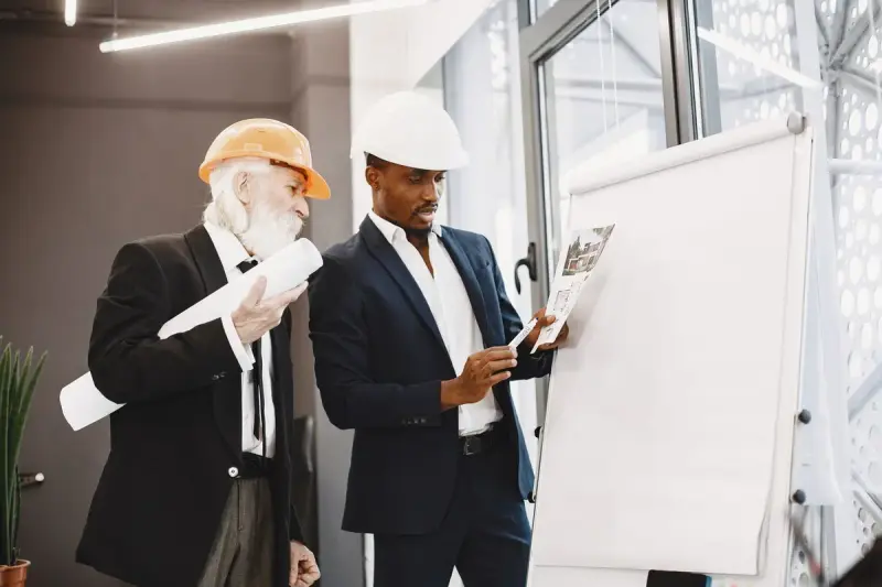 Two men in suits and hard hats reviewing a rendering on a flip chart