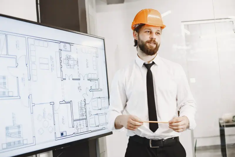Man in an orange hard hat and tie beside a screen showing a floor plan