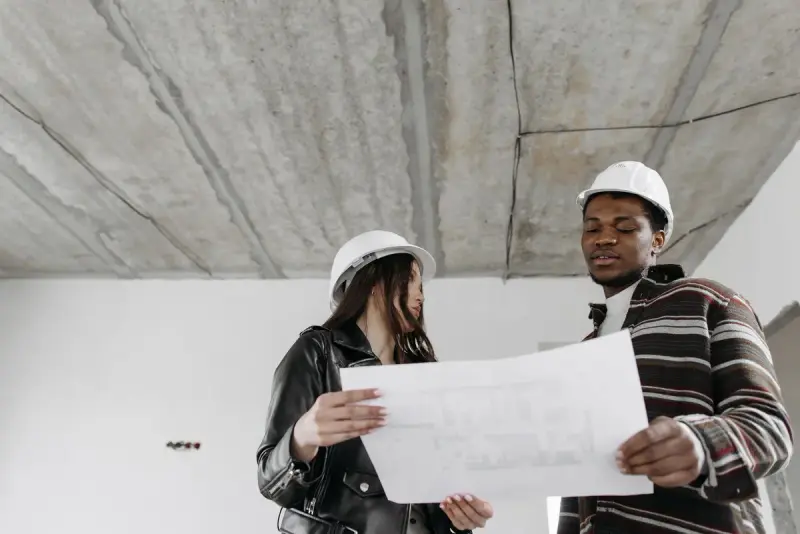 Man and woman in white hard hats holding a house plan under a concrete ceiling