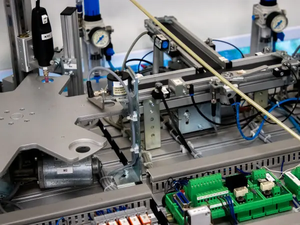Close view of machinery with electrical wiring and electronic components
