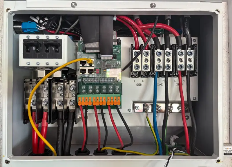 Open control panel with breakers, terminal blocks and color-coded wiring