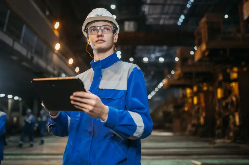 Engineer in a hard hat and blue workwear checking a tablet on a long, bright plant floor