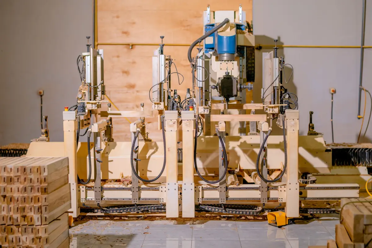 Woodworking machinery positioned over timber in a factory.
