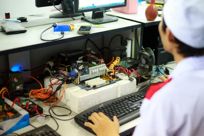 Technician in a lab uniform working on electronics and wiring at a workstation