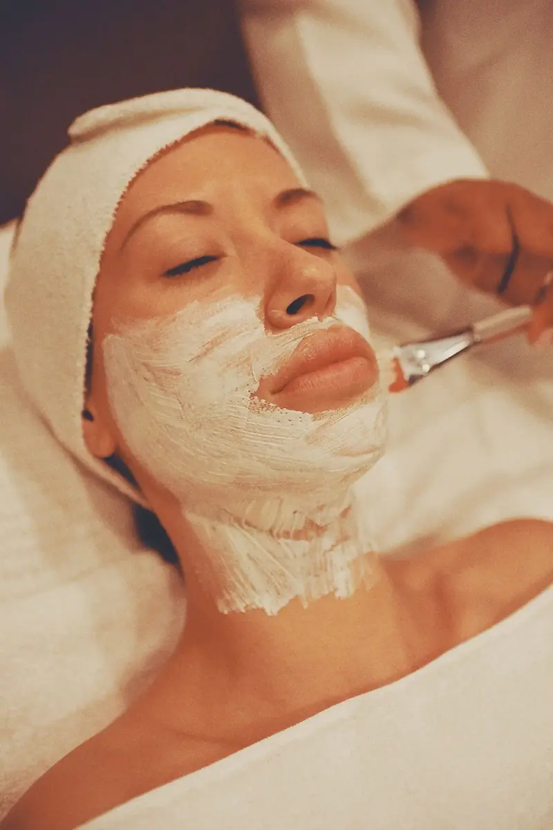 Esthetician brushing a cream facial mask onto a relaxed client