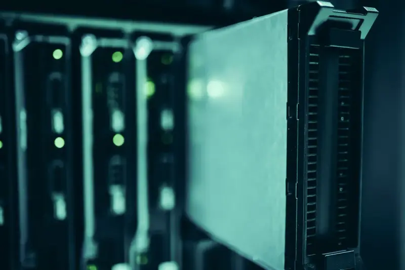Close-up of server units with green status lights in a data center