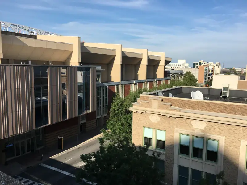 The renovated Kentucky International Convention Center in downtown Louisville seen from a nearby rooftop