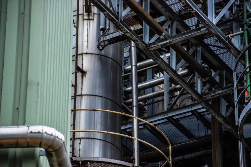 Steel tank, pipework and structural frame at an industrial plant