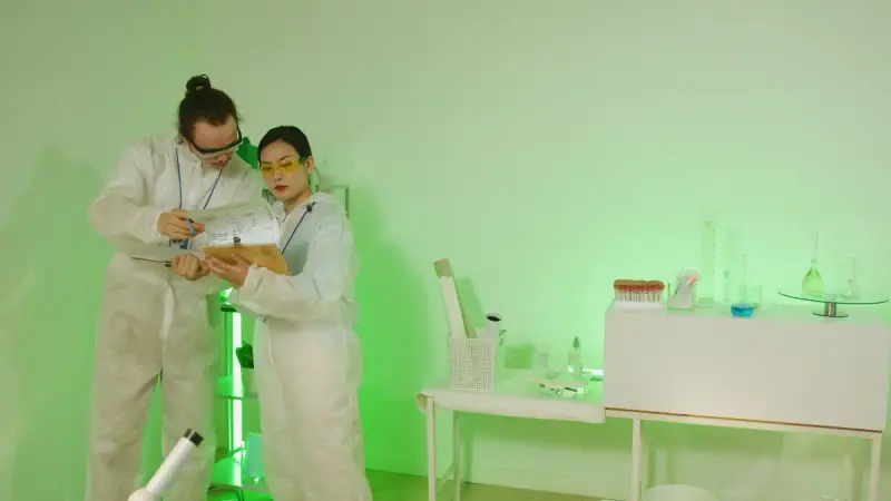 Two researchers in lab coats reviewing notes in a lab lit with green light