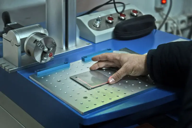 Hand placing a sample on a perforated optical breadboard under a laser instrument