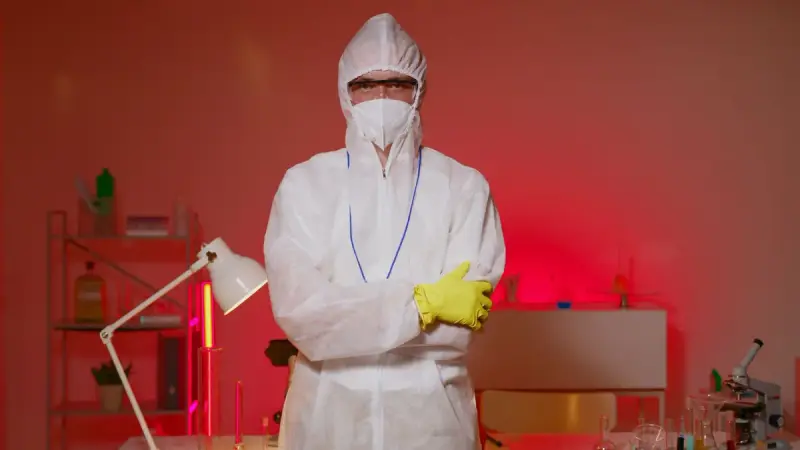 Scientist in a full protective suit, mask and gloves standing in a laboratory