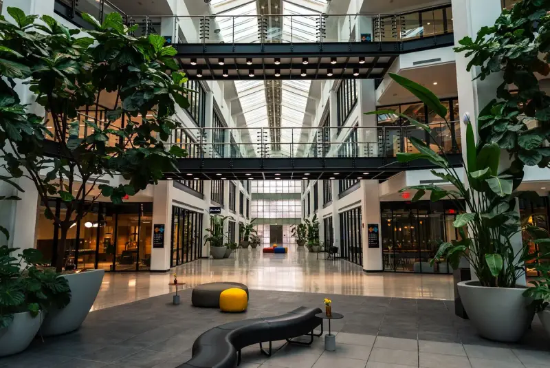 Skylit office atrium with walkways, large potted plants and lobby seating