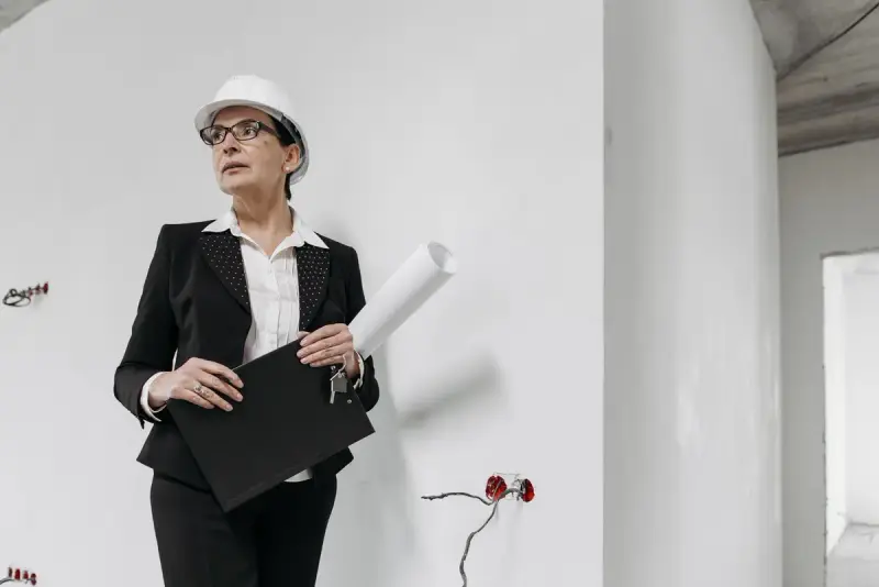 Woman in a suit and white hard hat holding plans and a folder inside a building